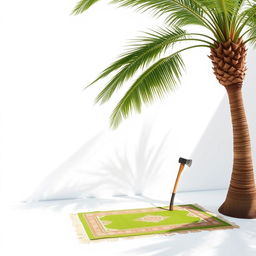 A tranquil image depicting a large palm tree situated in the corner of a pure white background, casting a distinct shadow