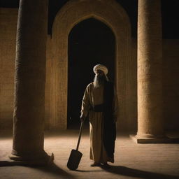 Prophet Ibrahim, glowing subtly in the night, reaches the grand temple in the deserted city of Babylon, clutching an axe. His lone figure in the imposing temple entrance sets a moment of anticipation.