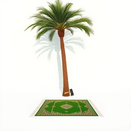 A tranquil image depicting a large palm tree situated in the corner of a pure white background, casting a distinct shadow