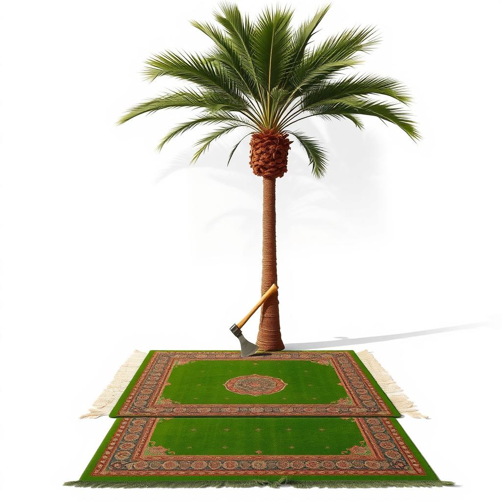 A tranquil image depicting a large palm tree situated in the corner of a pure white background, casting a distinct shadow