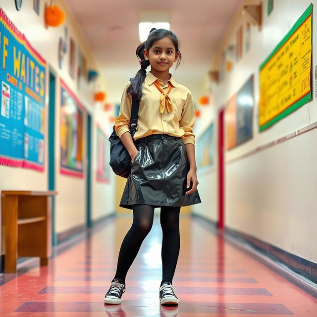 A fashionable 14-year-old Indian schoolgirl showcasing a chic style, dressed in a trendy vinyl mini skirt and a stylish blouse