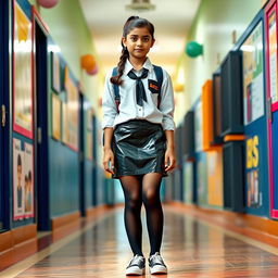 A fashionable 14-year-old Indian schoolgirl showcasing a chic style, dressed in a trendy vinyl mini skirt and a stylish blouse