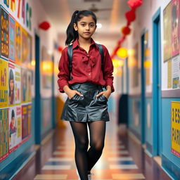 A fashionable 14-year-old Indian schoolgirl showcasing a chic style, dressed in a trendy vinyl mini skirt and a stylish blouse