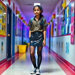 A fashionable 14-year-old Indian schoolgirl showcasing a chic style, dressed in a trendy vinyl mini skirt and a stylish blouse