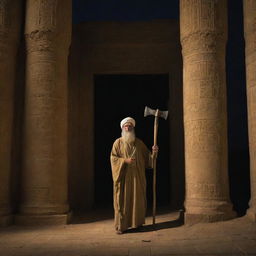 Prophet Ibrahim, glowing subtly in the night, reaches the grand temple in the deserted city of Babylon, clutching an axe. His lone figure in the imposing temple entrance sets a moment of anticipation.