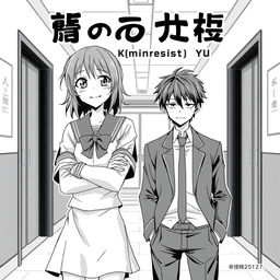 An anime style black-and-white manga cover for a romance featuring a bratty female lead and a cool, aloof male lead