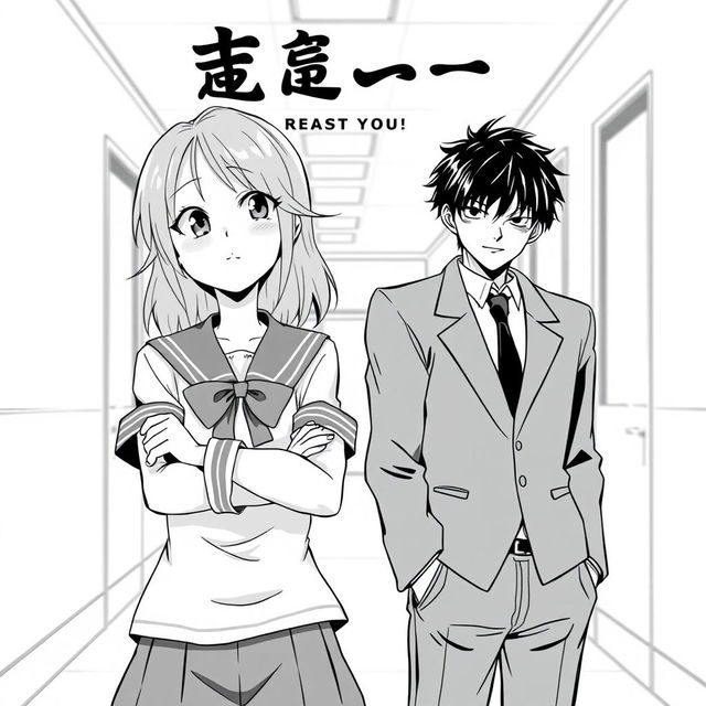 An anime style black-and-white manga cover for a romance featuring a bratty female lead and a cool, aloof male lead