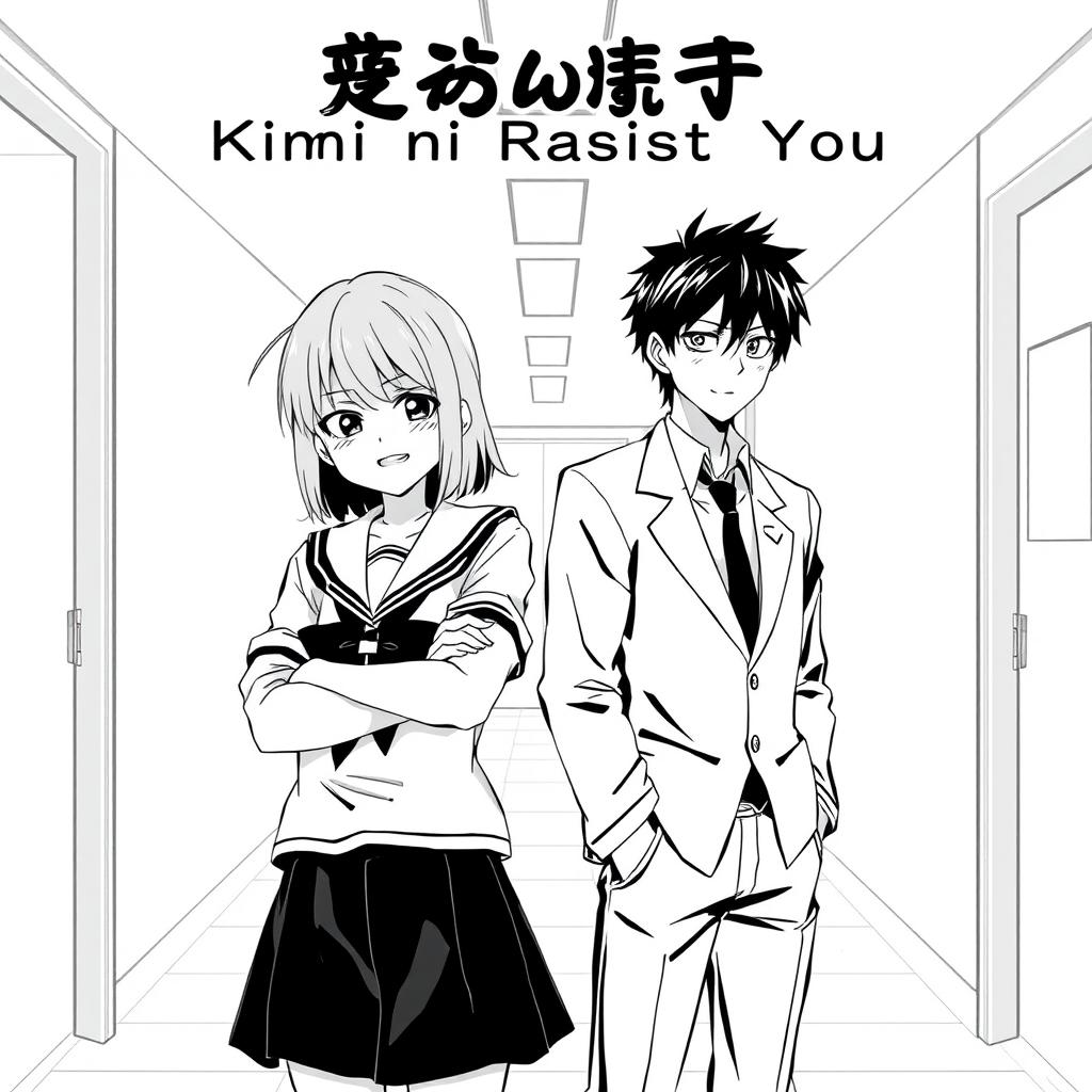 An anime style black-and-white manga cover for a romance featuring a bratty female lead and a cool, aloof male lead