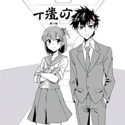 An anime style black-and-white manga cover for a romance featuring a bratty female lead and a cool, aloof male lead