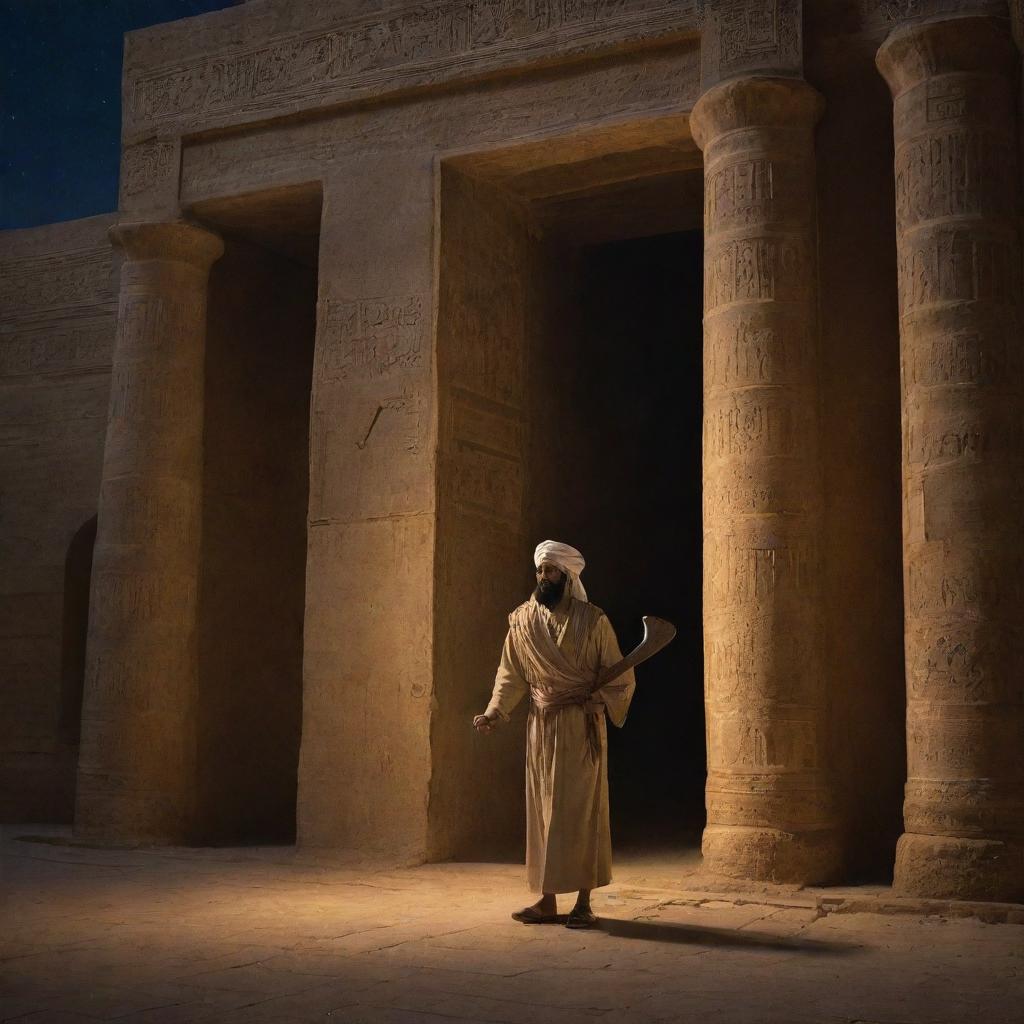 Prophet Ibrahim, glowing subtly in the night, reaches the grand temple in the deserted city of Babylon, clutching an axe. His lone figure in the imposing temple entrance sets a moment of anticipation.