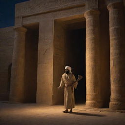 Prophet Ibrahim, glowing subtly in the night, reaches the grand temple in the deserted city of Babylon, clutching an axe. His lone figure in the imposing temple entrance sets a moment of anticipation.