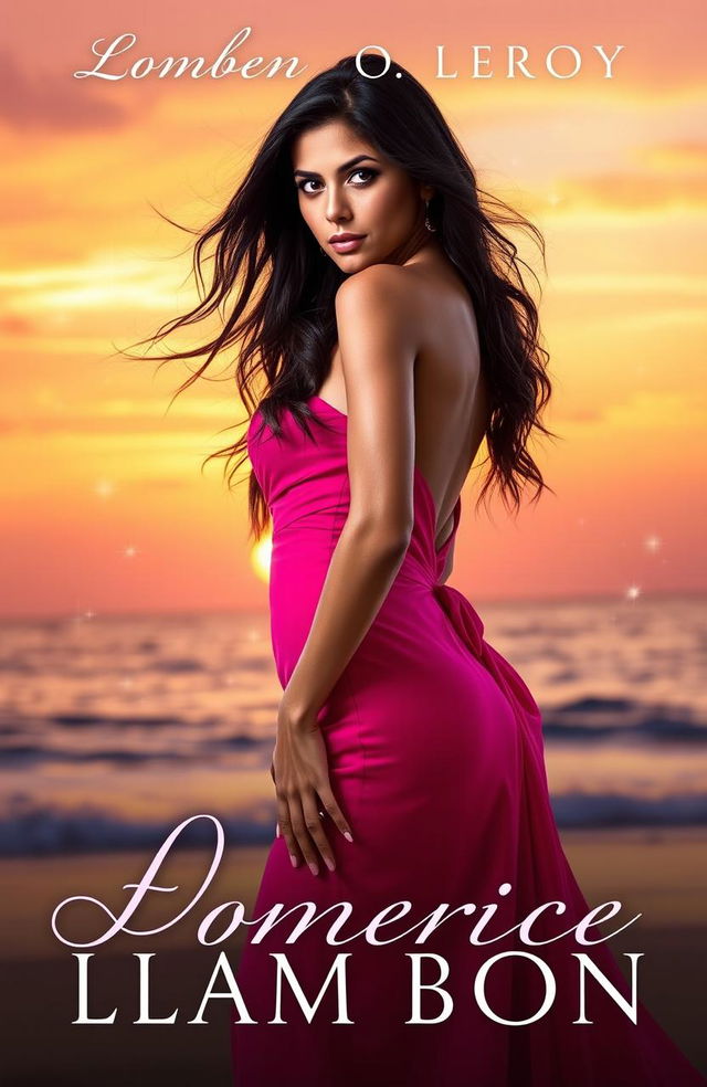 A captivating book cover featuring a strikingly beautiful Latina woman with long, flowing dark hair, wearing a vibrant, elegant dress that accentuates her curves