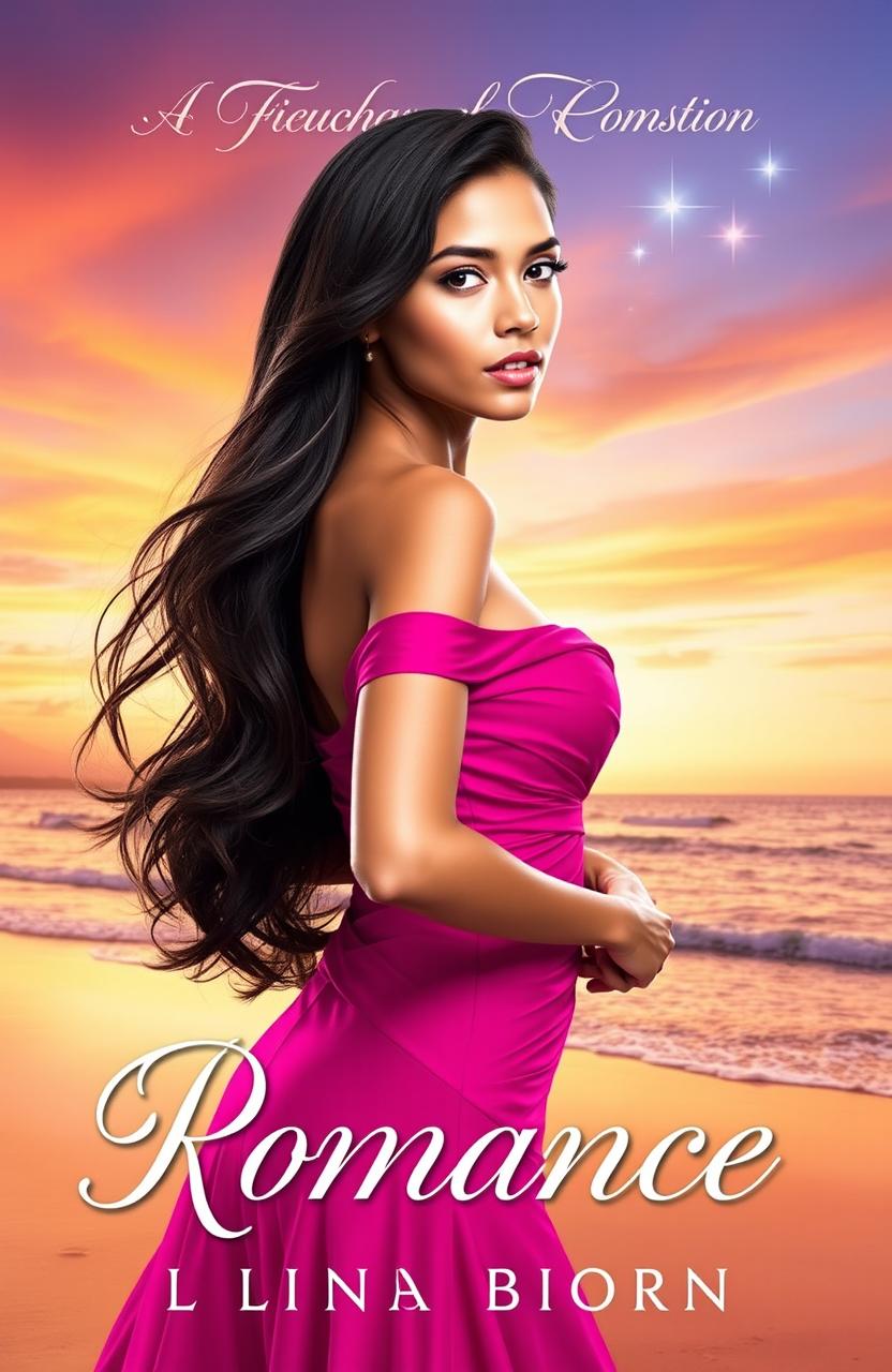 A captivating book cover featuring a strikingly beautiful Latina woman with long, flowing dark hair, wearing a vibrant, elegant dress that accentuates her curves