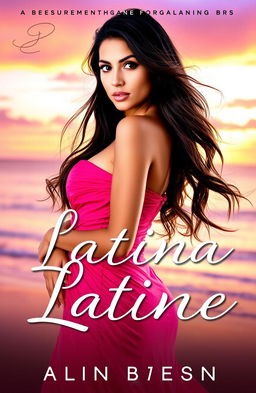 A captivating book cover featuring a strikingly beautiful Latina woman with long, flowing dark hair, wearing a vibrant, elegant dress that accentuates her curves