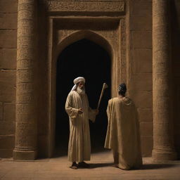 Prophet Ibrahim, glowing subtly in the night, reaches the grand temple in the deserted city of Babylon, clutching an axe. His lone figure in the imposing temple entrance sets a moment of anticipation.