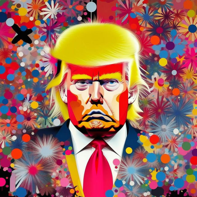 A colorful Murakami-themed print featuring Donald Trump. Capture Trump in a non-political light, surrounded by vibrant, superflat art elements typical of Murakami's style.