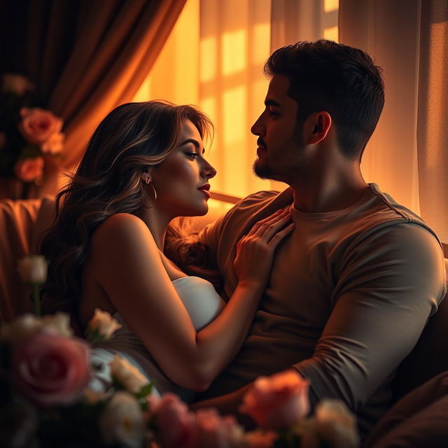 A romantic scene featuring a beautiful woman and her boyfriend in an intimate setting