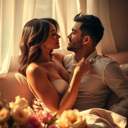 A romantic scene featuring a beautiful woman and her boyfriend in an intimate setting