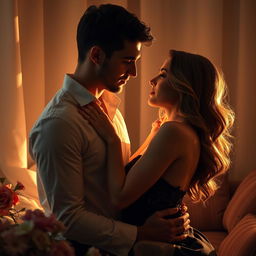 A romantic scene featuring a beautiful woman and her boyfriend in an intimate setting