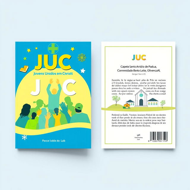 A vibrant book cover design for a project titled 'JUC' (Jovens Unidos em Cristo)