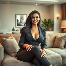 A glamorous and confident mature woman in her early 50s, wearing a stylish outfit that accentuates her curves