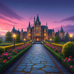 A beautifully designed 2-D video game background inspired by Disney's 'Beauty and the Beast', featuring the iconic palace from the movie
