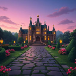 A beautifully designed 2-D video game background inspired by Disney's 'Beauty and the Beast', featuring the iconic palace from the movie
