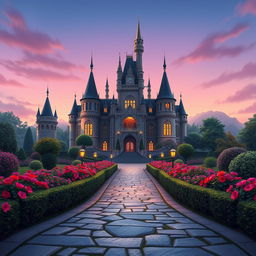 A beautifully designed 2-D video game background inspired by Disney's 'Beauty and the Beast', featuring the iconic palace from the movie