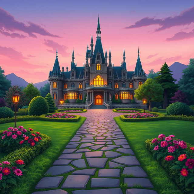 A beautifully designed 2-D video game background inspired by Disney's 'Beauty and the Beast', featuring the iconic palace from the movie