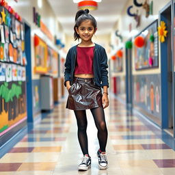 A fashionable 14-year-old Indian schoolgirl showcasing a trendy style, wearing a chic vinyl mini skirt along with a stylish crop top that tastefully shows her navel