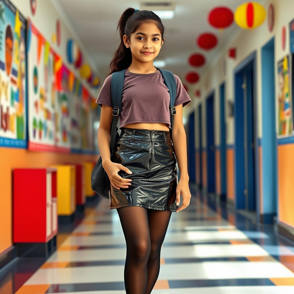 A fashionable 14-year-old Indian schoolgirl showcasing a trendy style, wearing a chic vinyl mini skirt along with a stylish crop top that tastefully shows her navel