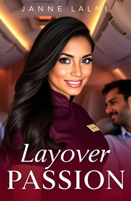 A beautiful Latina flight attendant with long, flowing dark hair and captivating brown eyes, wearing a stylish and elegant airline uniform