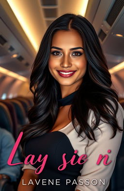 A beautiful Latina flight attendant with long, flowing dark hair and captivating brown eyes, wearing a stylish and elegant airline uniform