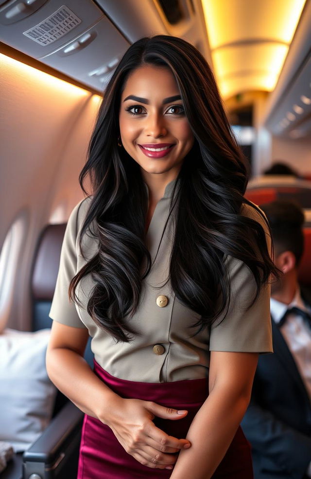 A beautiful Latina flight attendant with long, flowing dark hair and captivating brown eyes, wearing a stylish and elegant airline uniform