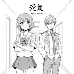 An anime style black-and-white manga cover for a romance featuring a bratty female lead and a cool, aloof male lead