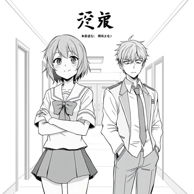 An anime style black-and-white manga cover for a romance featuring a bratty female lead and a cool, aloof male lead