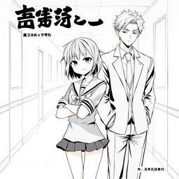 An anime style black-and-white manga cover for a romance featuring a bratty female lead and a cool, aloof male lead