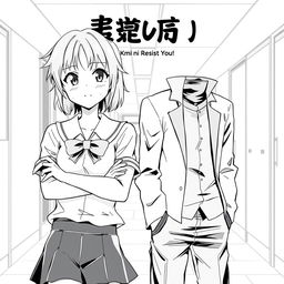 An anime style black-and-white manga cover for a romance featuring a bratty female lead and a cool, aloof male lead