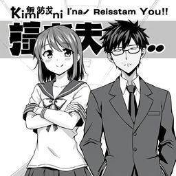 An anime style black-and-white manga cover for a romance featuring a bratty female lead and a cool, aloof male lead