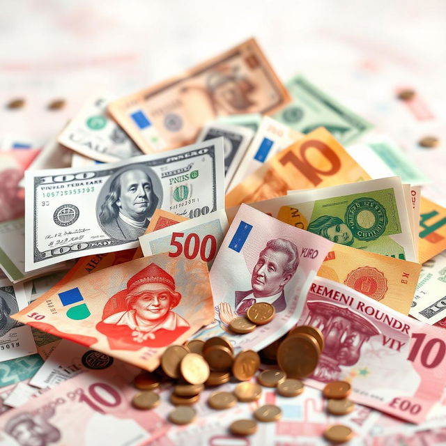 A photorealistic image featuring a stunning display of various currencies from around the world, including vivid dollar bills, euros, yen, and pounds