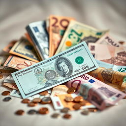 A photorealistic image featuring a stunning display of various currencies from around the world, including vivid dollar bills, euros, yen, and pounds