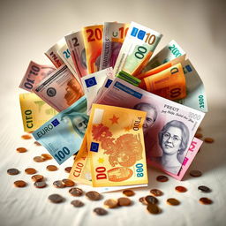 A photorealistic image featuring a stunning display of various currencies from around the world, including vivid dollar bills, euros, yen, and pounds