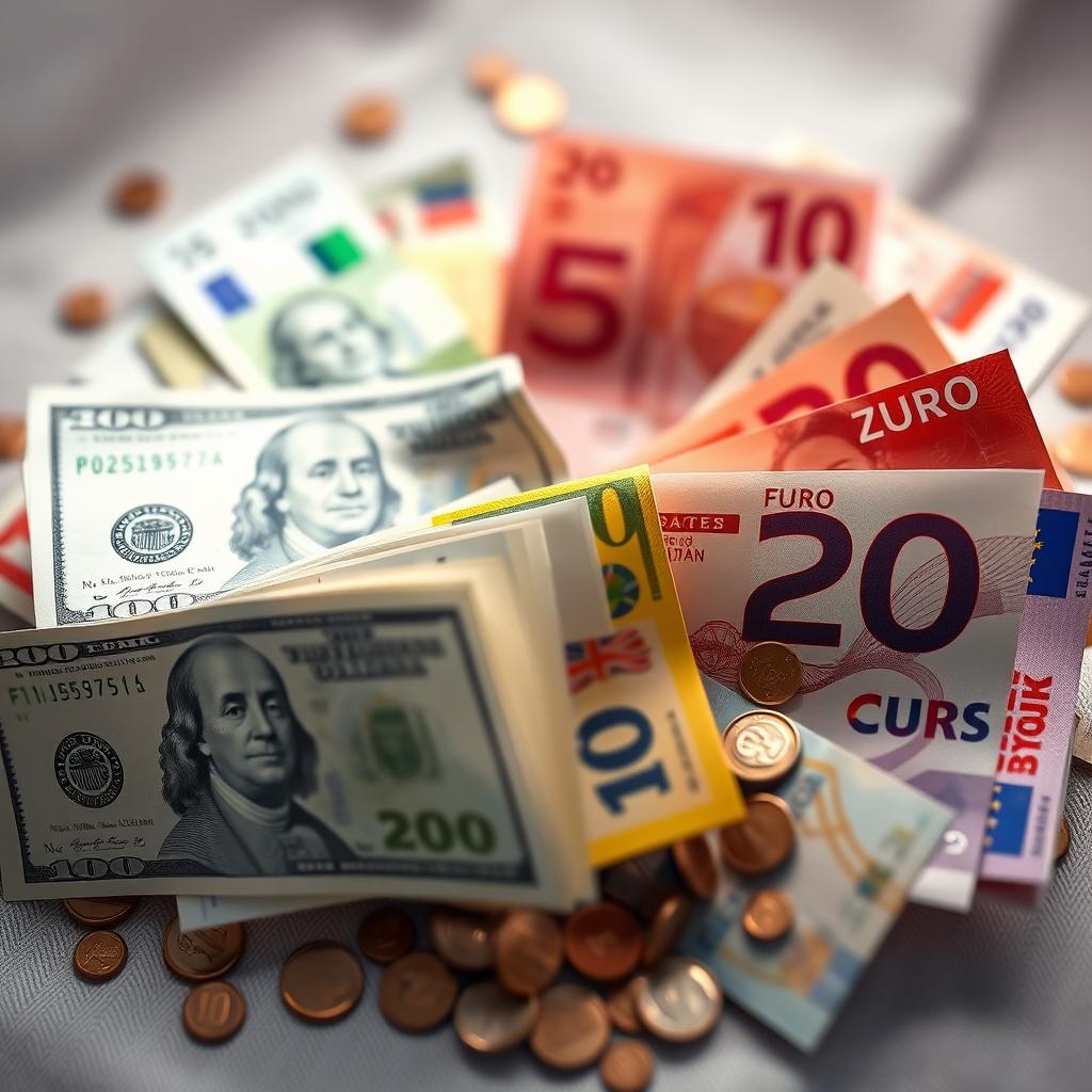 A photorealistic image featuring a stunning display of various currencies from around the world, including vivid dollar bills, euros, yen, and pounds