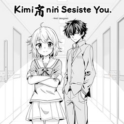 An anime style black-and-white manga cover for a romance featuring a bratty female lead and a cool, aloof male lead