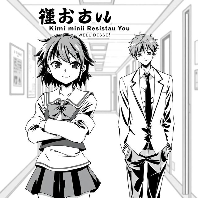 An anime style black-and-white manga cover for a romance featuring a bratty female lead and a cool, aloof male lead