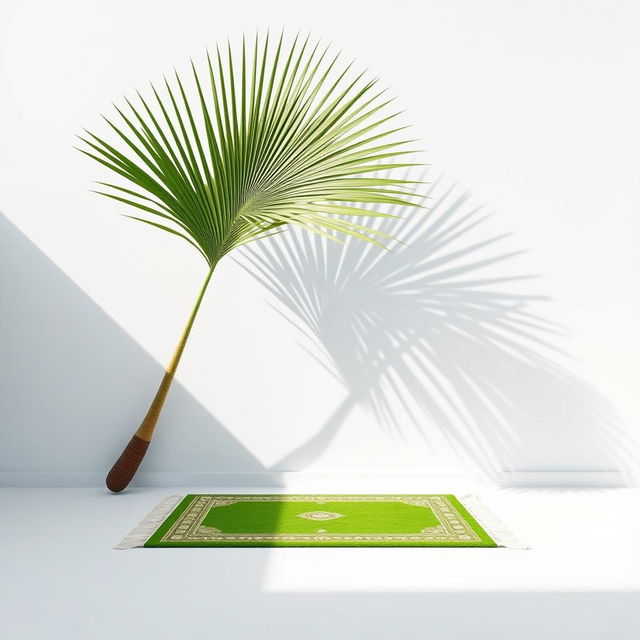 A minimalist image showcasing a large palm tree positioned in the corner against a pristine white background, casting a prominent shadow