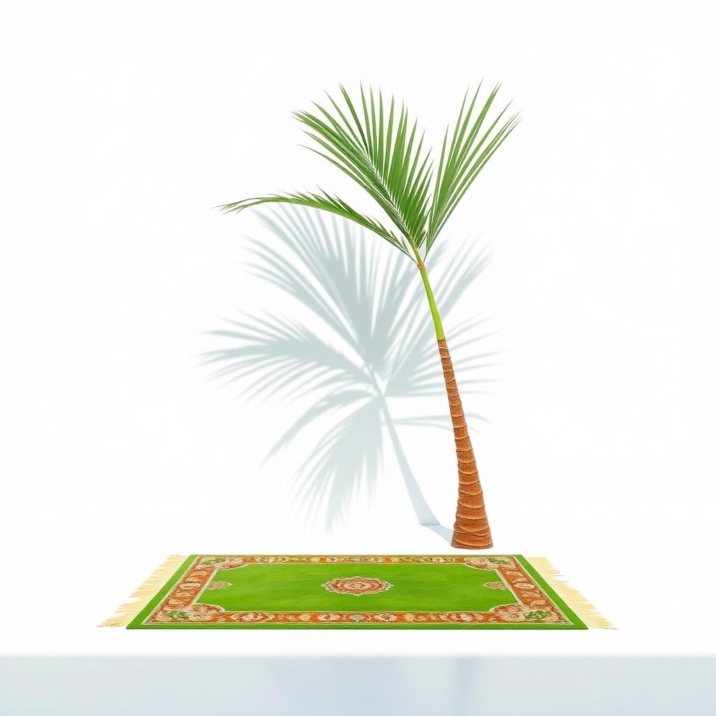 A minimalist image showcasing a large palm tree positioned in the corner against a pristine white background, casting a prominent shadow