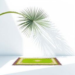 A minimalist image showcasing a large palm tree positioned in the corner against a pristine white background, casting a prominent shadow