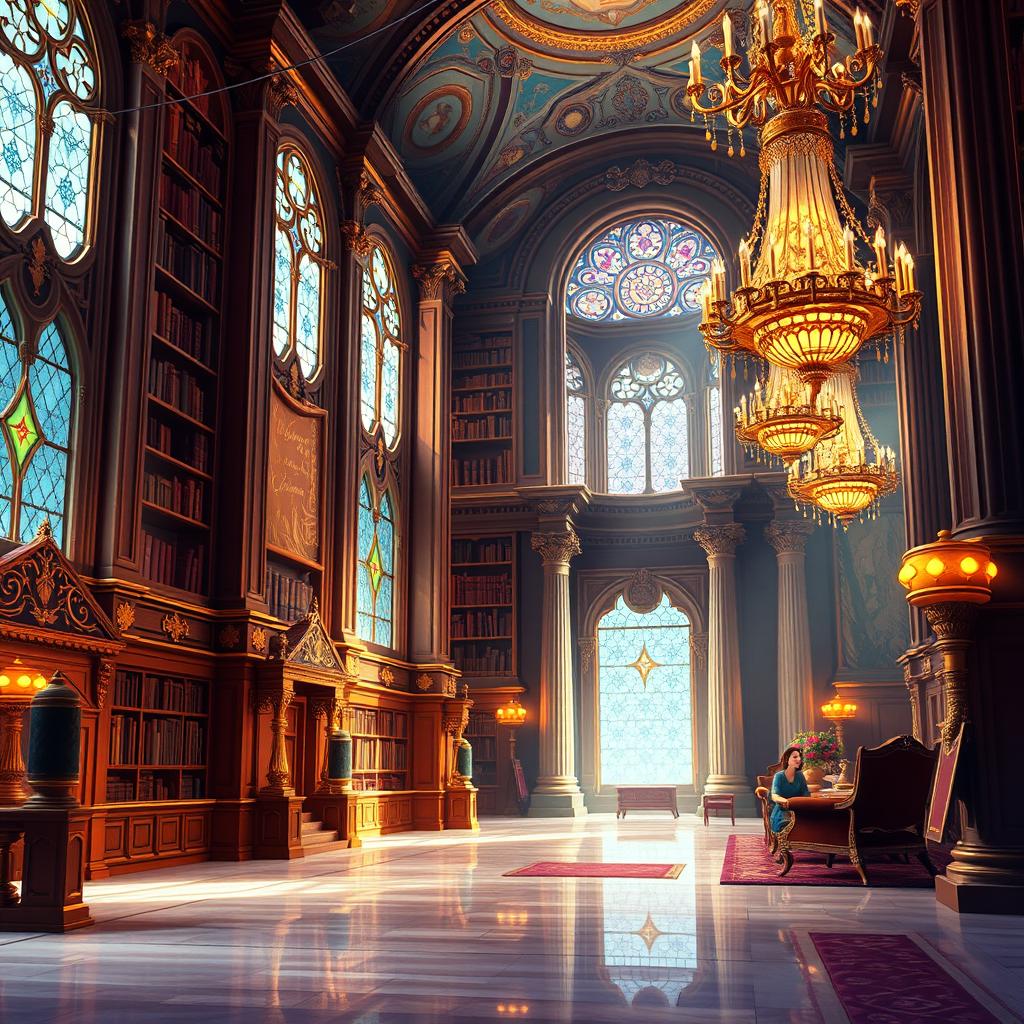 An enchanting 2-D video game background inspired by Disney's 'Beauty and the Beast', showcasing the interior of the grand palace