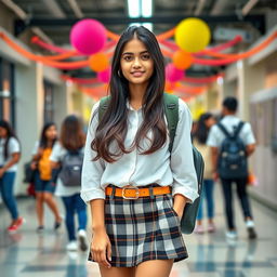 A fashionable teenage Indian schoolgirl with long dark hair styled in a trendy way, wearing a chic school uniform that includes a stylish white blouse paired with a plaid skirt